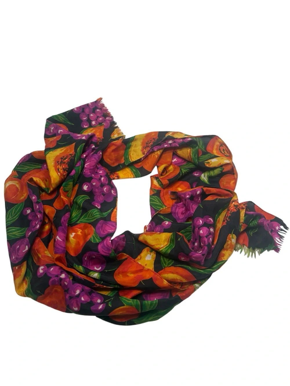 Black Fruit-Print Women's Scarf with Orange & Purple Accents
